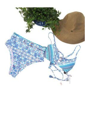 Nanette Lepore NEW Size 8 Iris Bralette Bikini 2 Piece Blue Boho Print Swimsuit
